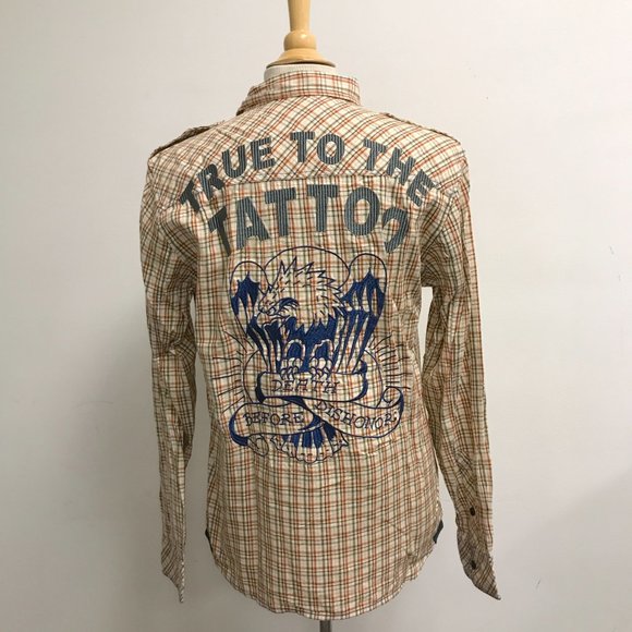 ED HARDY embroidered tattoo eagle tan cotton plaid work shirt jacket M